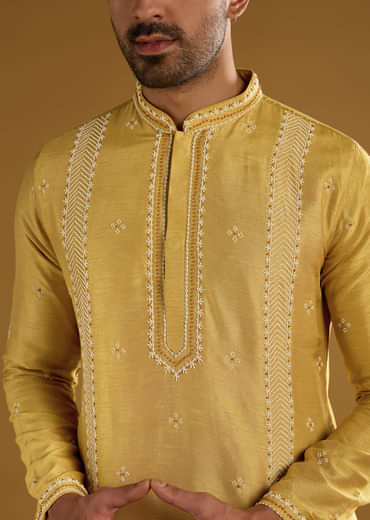 Yellow Banarasi Silk Kurta Set For Men With Resham Work