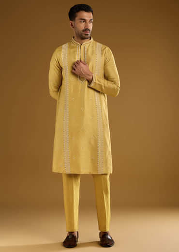 Yellow Banarasi Silk Kurta Set For Men With Resham Work