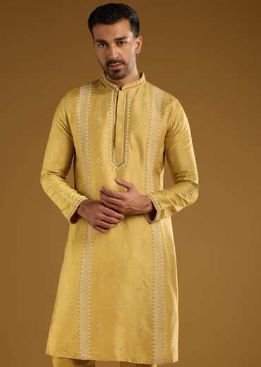 Yellow Banarasi Silk Kurta Set For Men With Resham Work