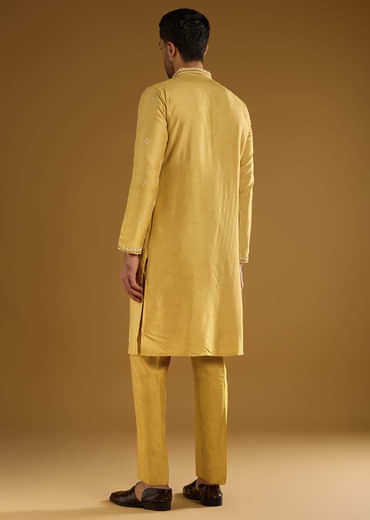 Yellow Banarasi Silk Kurta Set For Men With Resham Work