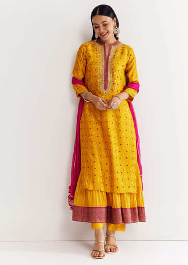 Yellow Bandhani Kurta Set With Pink Dupatta