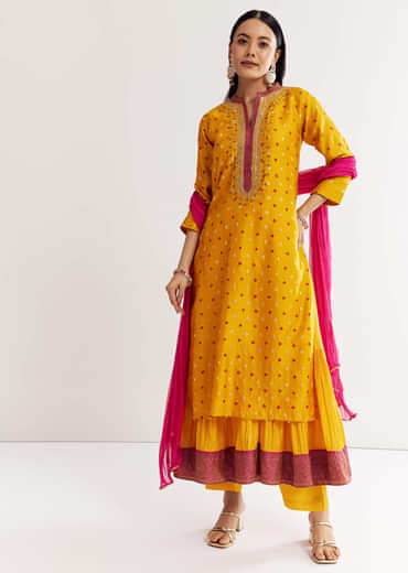 Yellow Bandhani Kurta Set With Pink Dupatta