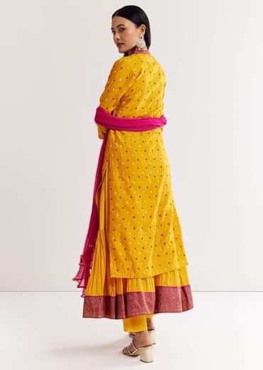Yellow Bandhani Kurta Set With Pink Dupatta