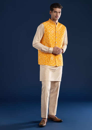 Yellow Bandhani Silk Jacket Kurta Set