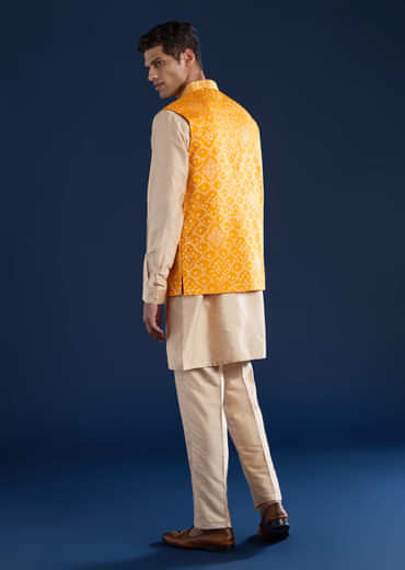 Yellow Bandhani Silk Jacket Kurta Set