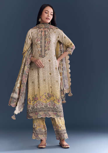 Yellow Beige Ombre Crepe Kurta Set With Floral Print