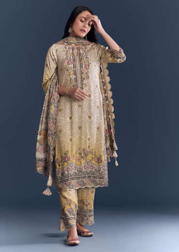 Yellow Beige Ombre Crepe Kurta Set With Floral Print