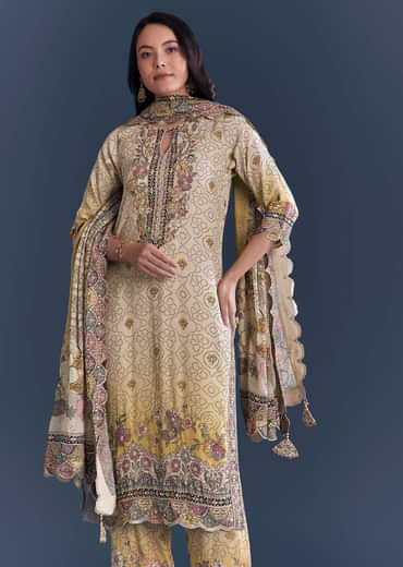 Yellow Beige Ombre Crepe Kurta Set With Floral Print