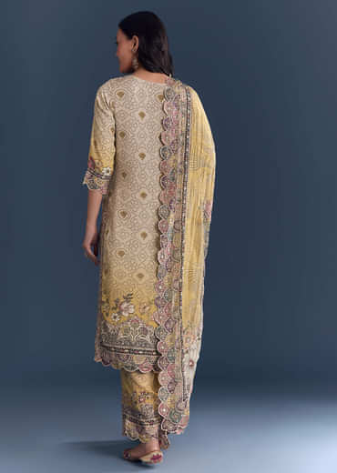 Yellow Beige Ombre Crepe Kurta Set With Floral Print