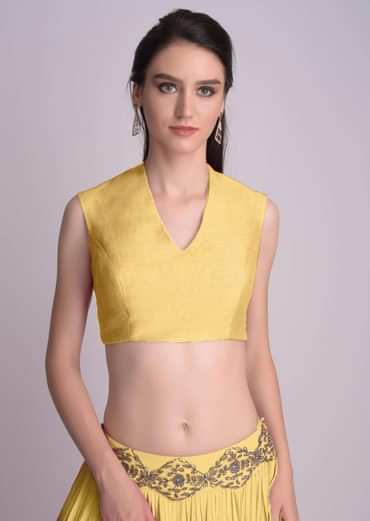 Yellow Blouse In Raw Silk With V Neckline