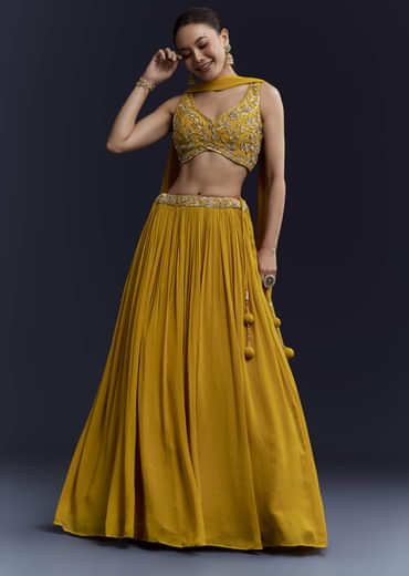 Yellow Bridesmaid Georgette Lehenga Set with Cutdana Embroidery