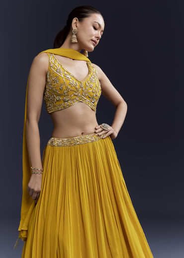 Yellow Bridesmaid Georgette Lehenga Set with Cutdana Embroidery