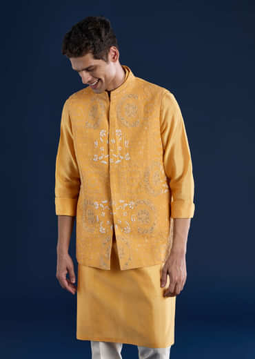 Yellow Chanderi Jacket Kurta Set with Dori Work