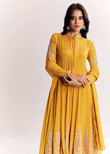 Yellow Chinon Anarkali Suit With Moti Sequins And Cutdana Dupatta
