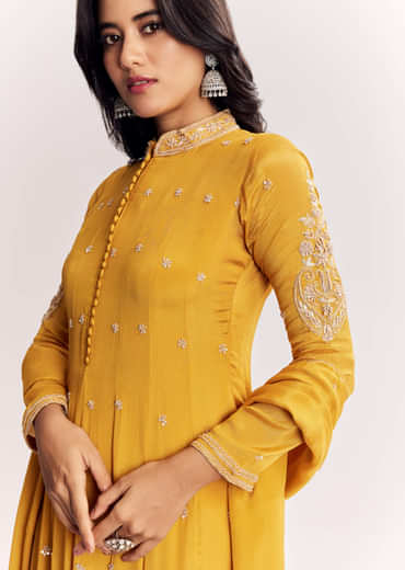 Yellow Chinon Anarkali Suit With Moti Sequins And Cutdana Dupatta