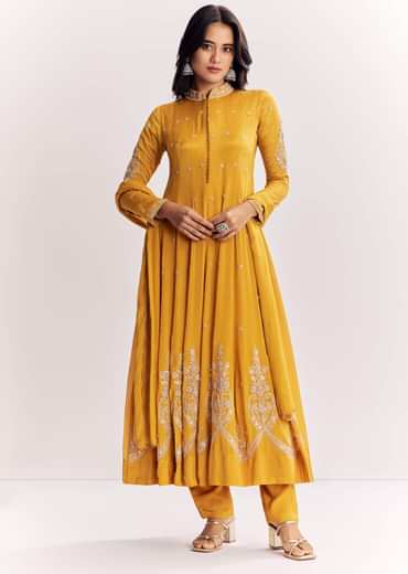 Yellow Chinon Anarkali Suit With Moti Sequins And Cutdana Dupatta