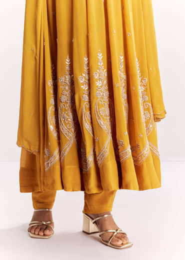 Yellow Chinon Anarkali Suit With Moti Sequins And Cutdana Dupatta