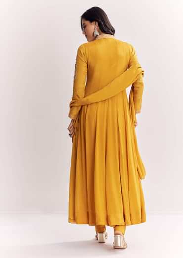 Yellow Chinon Anarkali Suit With Moti Sequins And Cutdana Dupatta