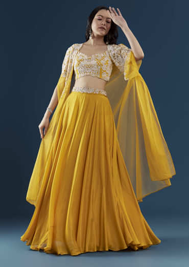 Yellow Chinon Crop Top Palazzo Set with Cape