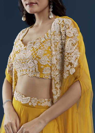 Yellow Chinon Crop Top Palazzo Set with Cape