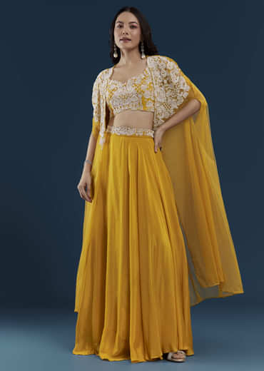 Yellow Chinon Crop Top Palazzo Set with Cape