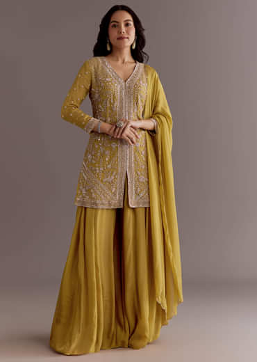 Yellow Chinon Embroidered Kurta Palazzo Suit With Dupatta