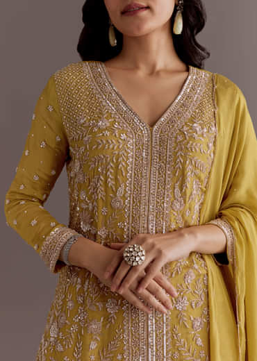 Yellow Chinon Embroidered Kurta Palazzo Suit With Dupatta