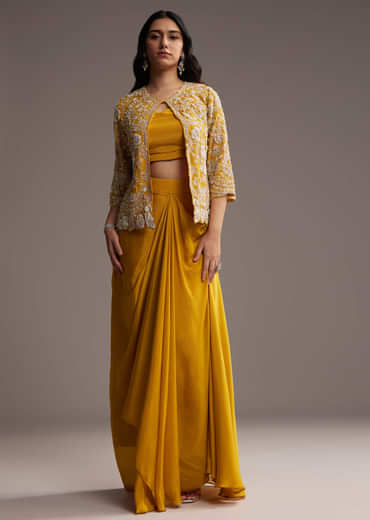 Yellow Chinon Indo Western Set With Embroidered Jacket