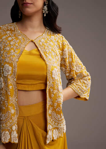 Yellow Chinon Indo Western Set With Embroidered Jacket