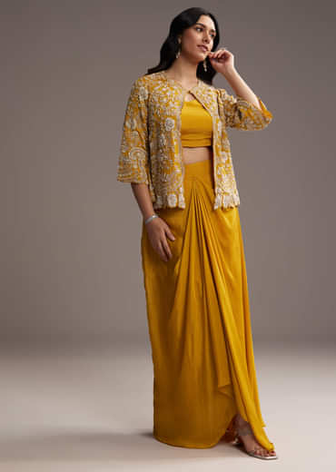 Yellow Chinon Indo Western Set With Embroidered Jacket