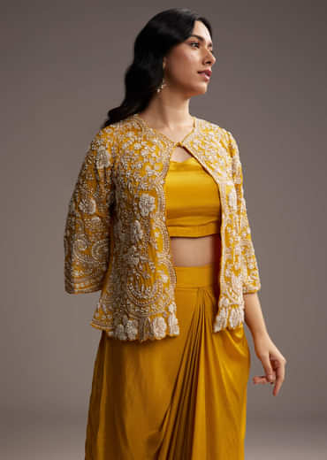 Yellow Chinon Indo Western Set With Embroidered Jacket
