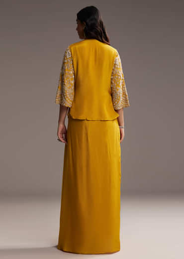 Yellow Chinon Indo Western Set With Embroidered Jacket