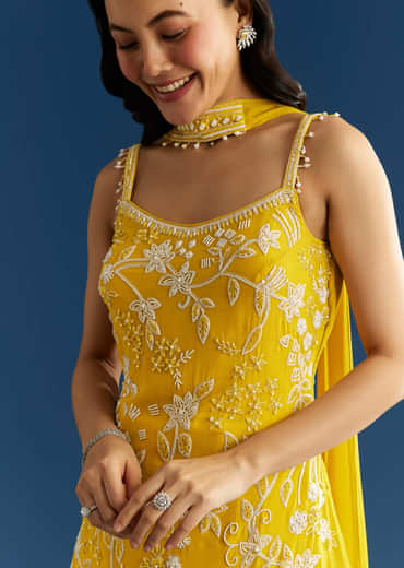Yellow Chinon Kurta Palazzo Set With Choker Style Dupatta