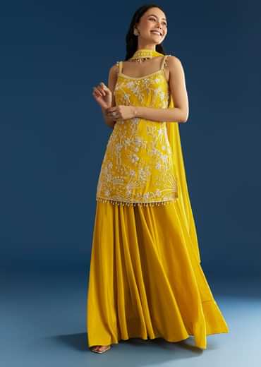 Yellow Chinon Kurta Palazzo Set With Choker Style Dupatta