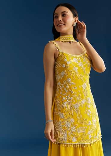 Yellow Chinon Kurta Palazzo Set With Choker Style Dupatta