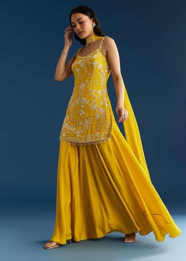 Yellow Chinon Kurta Palazzo Set With Choker Style Dupatta