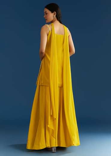 Yellow Chinon Kurta Palazzo Set With Choker Style Dupatta