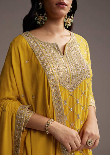 Yellow Chinon Palazzo Suit With Sequin Embroidery