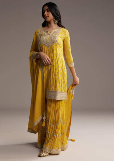 Yellow Chinon Palazzo Suit With Sequin Embroidery