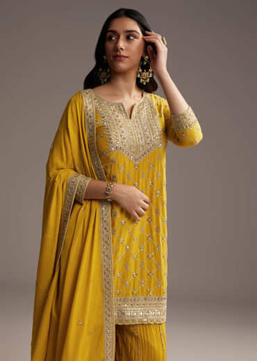 Yellow Chinon Palazzo Suit With Sequin Embroidery