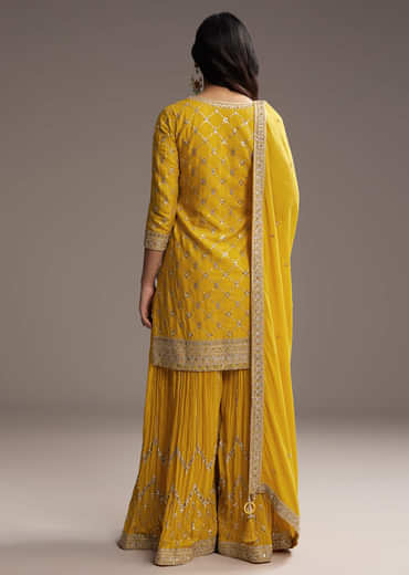 Yellow Chinon Palazzo Suit With Sequin Embroidery