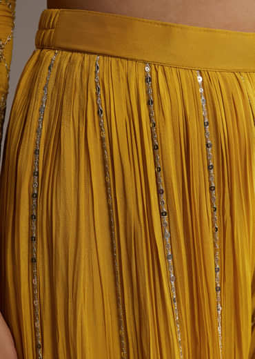 Yellow Chinon Palazzo Suit With Sequin Embroidery