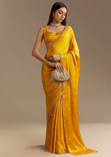 Yellow Chinon Saree With Cutdana Embroidery