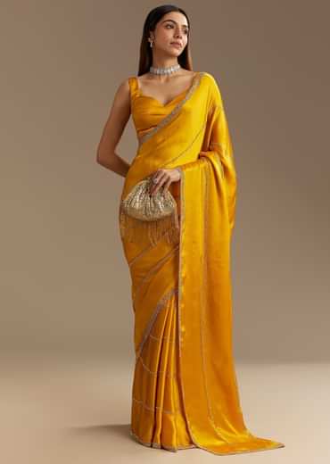 Yellow Chinon Saree With Cutdana Embroidery