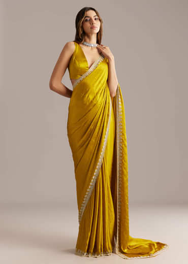 Yellow Chinon Saree With Stone And Sequin Embroidery