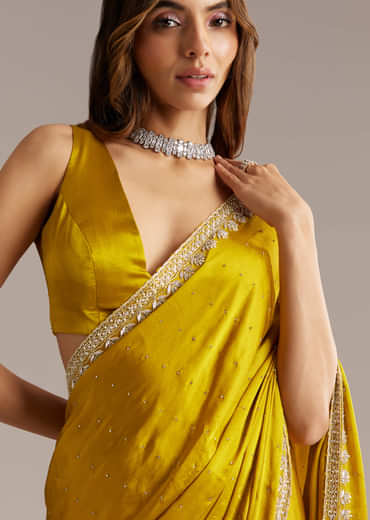 Yellow Chinon Saree With Stone And Sequin Embroidery