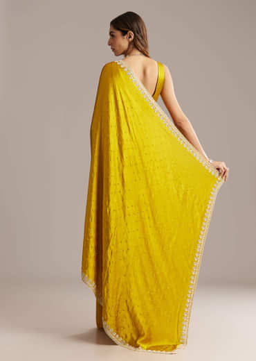 Yellow Chinon Saree With Stone And Sequin Embroidery