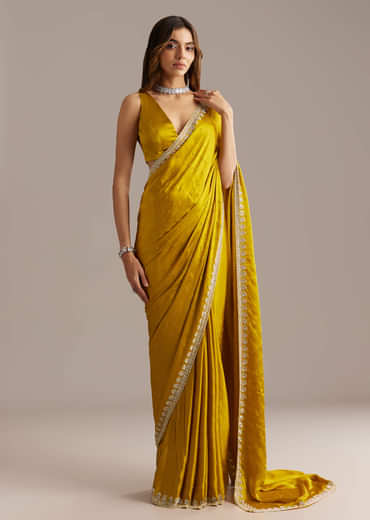 Yellow Chinon Saree With Stone And Sequin Embroidery