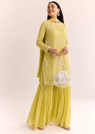 Yellow Chinon Sharara Dupatta Suit With Cutdana Moti And Sequins