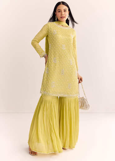 Yellow Chinon Sharara Dupatta Suit With Cutdana Moti And Sequins